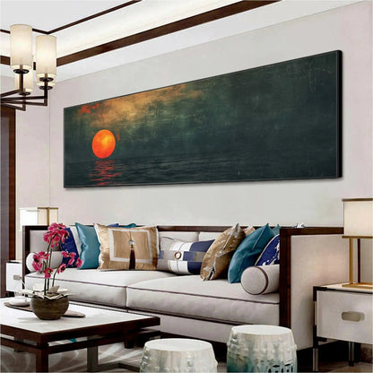 Blood Moon hand-painted ocean blue, ivory and soft neutral tones textured sunset seascape painting shown with black frame