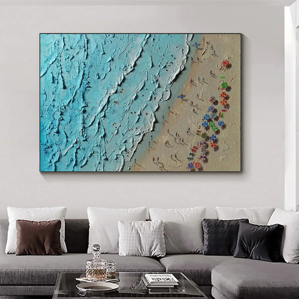 Aerial Vista hand-painted turquoise and ivory textured beach scene painting shown as stretched canvas