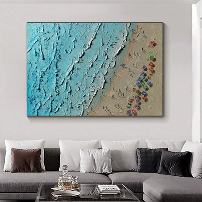 Aerial Vista hand-painted turquoise and ivory textured beach scene painting shown as stretched canvas