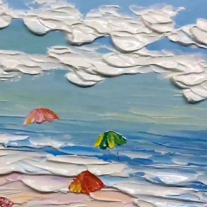 Seaside Celebration hand-painted sand and ivory textured beach scene painting shown with gold frame