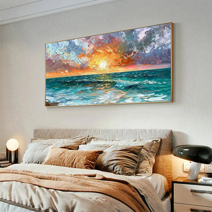 Ocean Sunset hand-painted ocean blue, ivory and soft neutral tones textured sunset seascape painting rolled canvas option