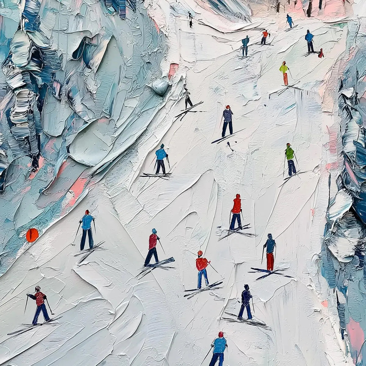 Slope Life hand-painted white, soft grey and slate blue textured skiing mountain painting shown with gold frame
