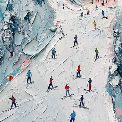 Slope Life hand-painted white, soft grey and slate blue textured skiing mountain painting shown with gold frame