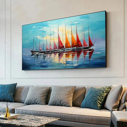 Sailing Into Sunset hand-painted ocean blue, ivory and soft neutral tones textured sailboat seascape painting shown with gold frame
