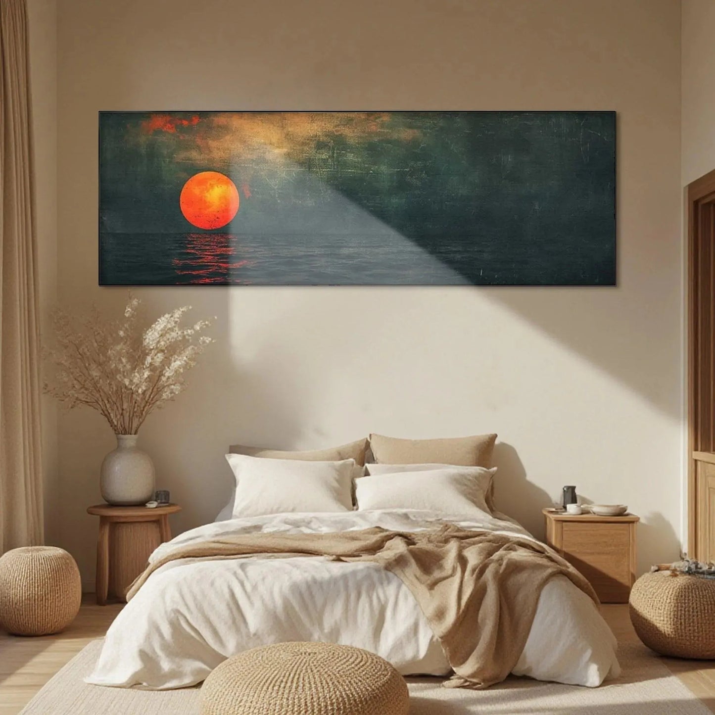 Blood Moon hand-painted ocean blue, ivory and soft neutral tones textured sunset seascape painting shown with wood frame