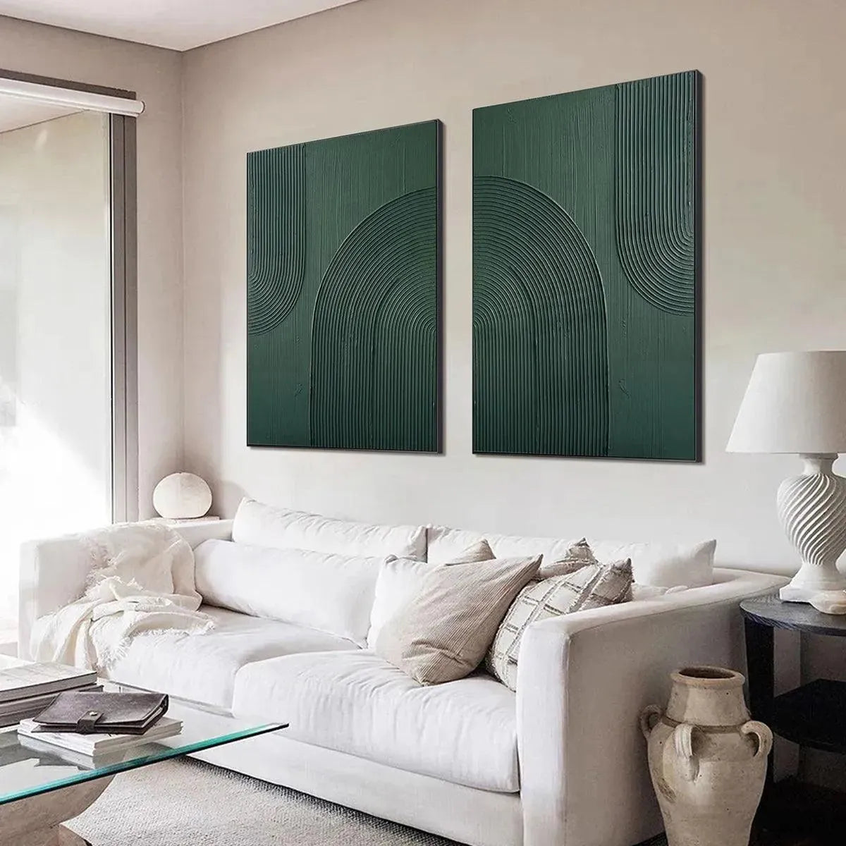 Green Wabi-Sabi Abstract Textured Oil Painting – Green Textured Arches Diptych
