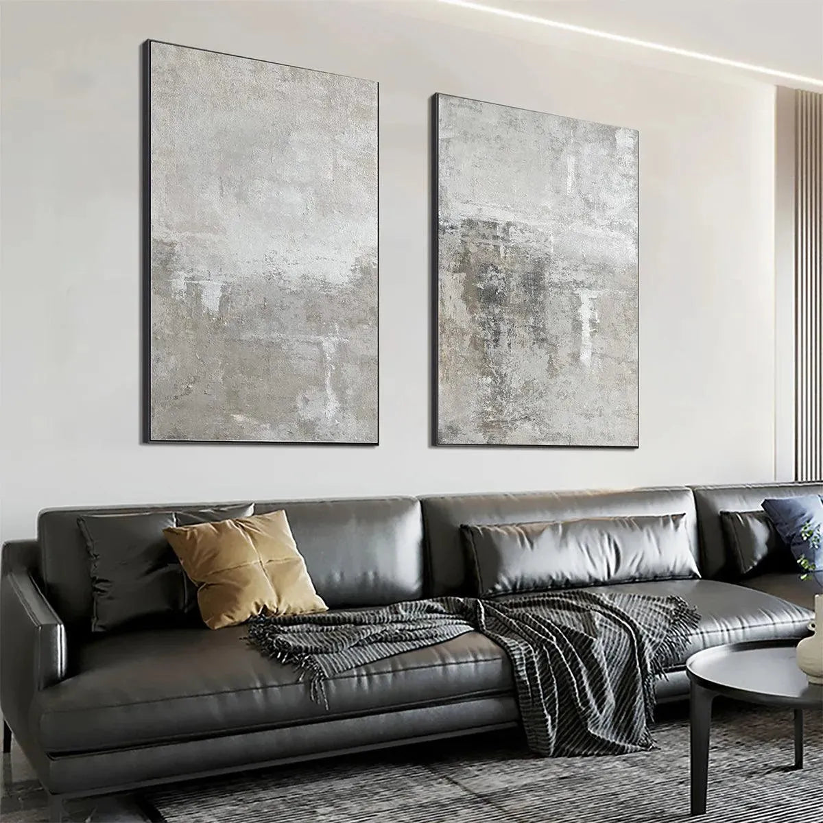 Grey Abstract Textured Diptych – Wabi-Sabi Abstract Oil Painting, view 3