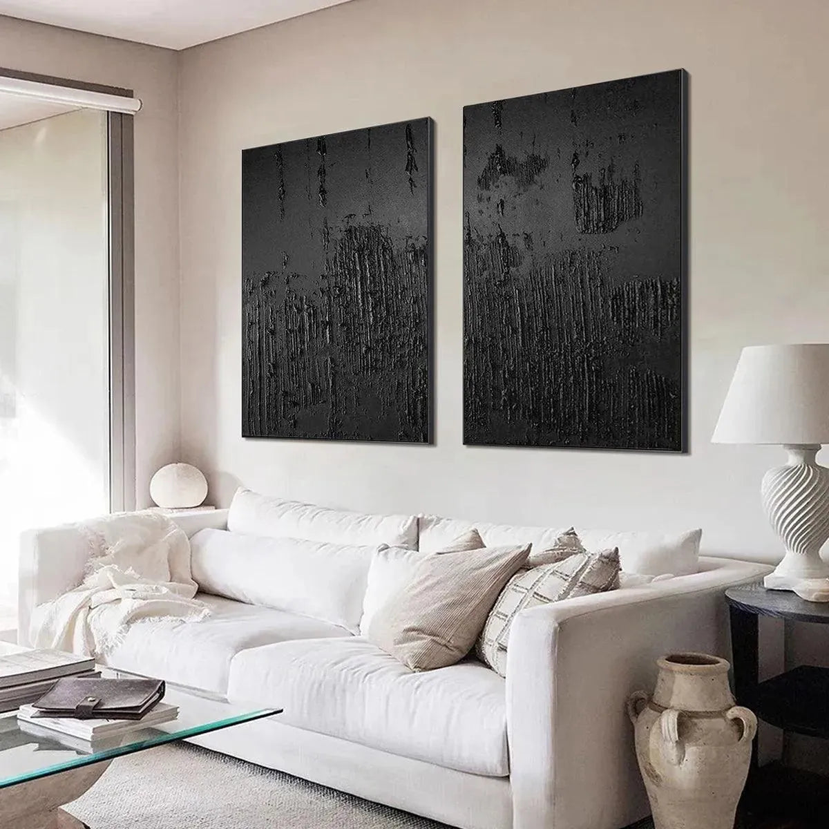 Black Textured Diptych – Wabi-Sabi Abstract Oil Painting, view 5