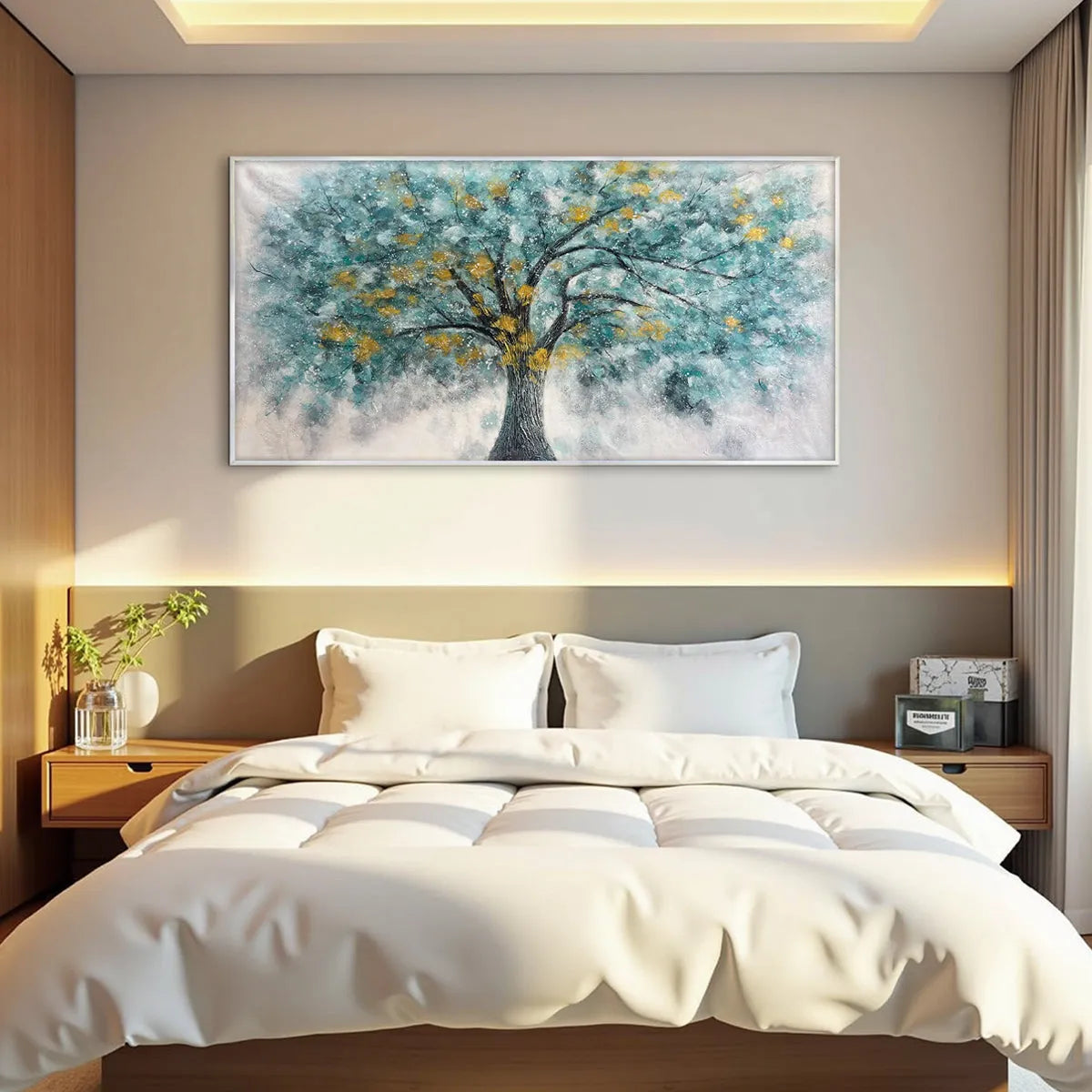Golden Autumn hand-painted ocean blue and gold textured tree painting shown as stretched canvas