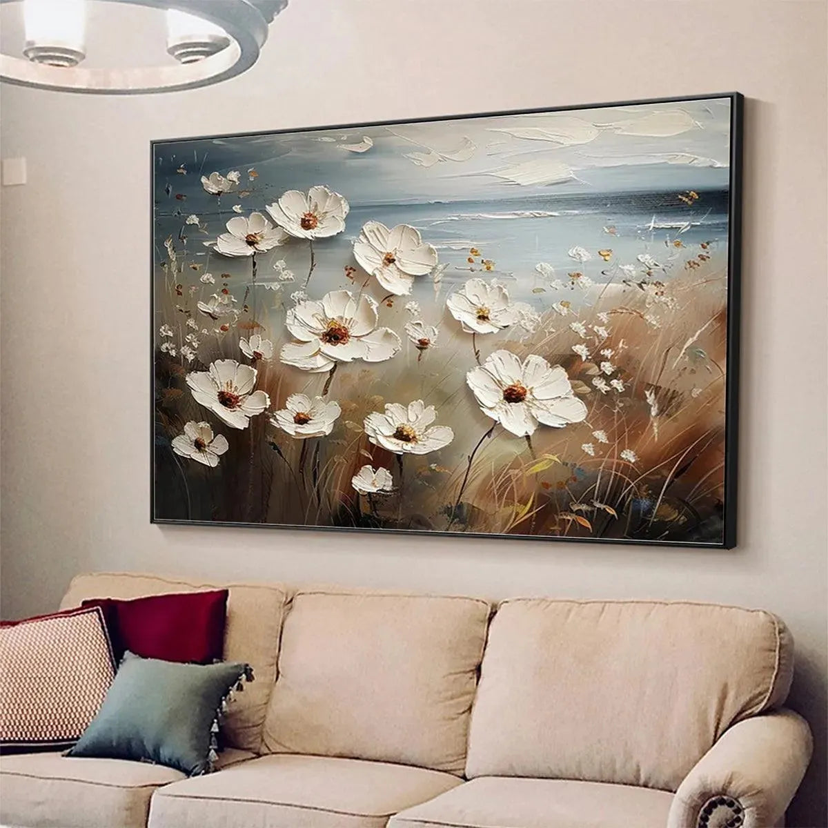 White Coastal Floral Impasto Painting – Seaside Blossoms