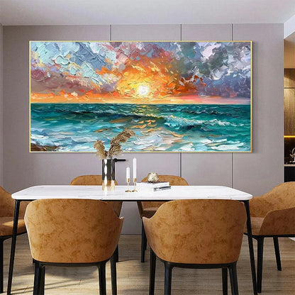 Ocean Sunset hand-painted ocean blue, ivory and soft neutral tones textured sunset seascape painting shown as stretched canvas