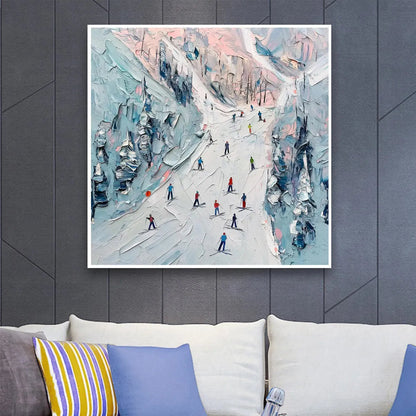 Slope Life hand-painted white, soft grey and slate blue textured skiing mountain painting shown as stretched canvas