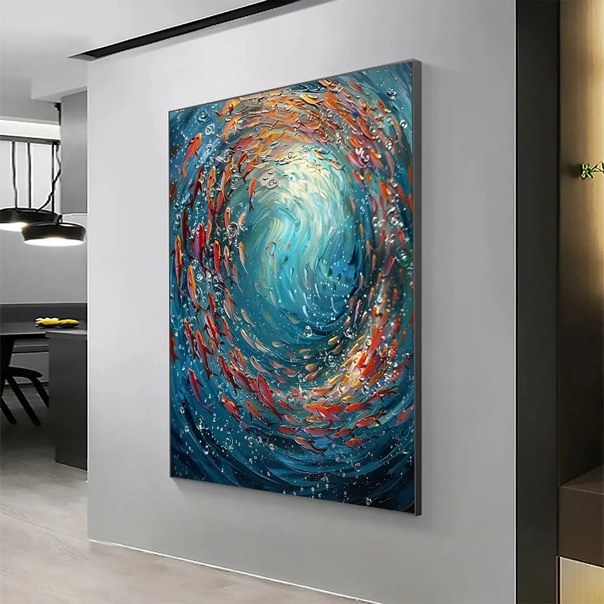 Coral Dance hand-painted coral and ivory textured school of fish painting rolled canvas option