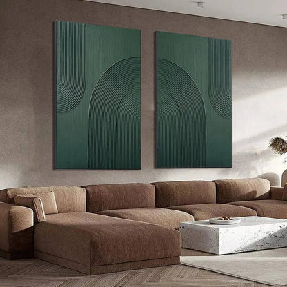 Green Wabi-Sabi Abstract Textured Oil Painting – Green Textured Arches Diptych