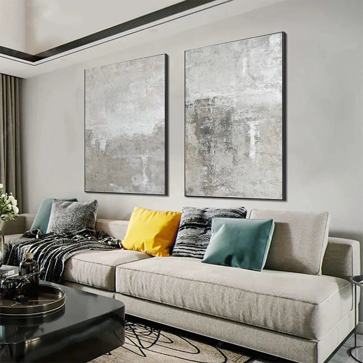 Grey Abstract Textured Diptych – Wabi-Sabi Abstract Oil Painting, view 5