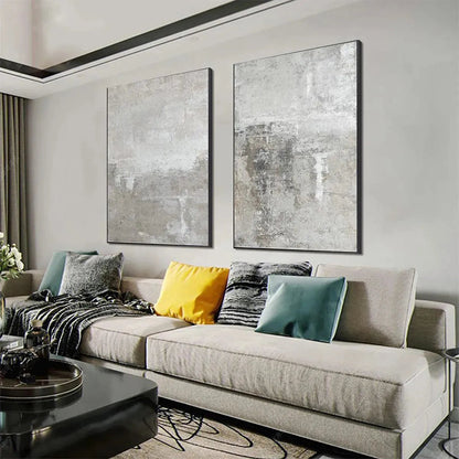 Grey Abstract Textured Diptych – Wabi-Sabi Abstract Oil Painting, view 5