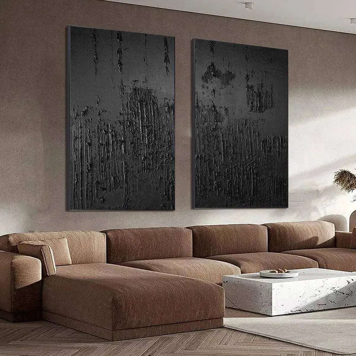 Black Textured Diptych – Wabi-Sabi Abstract Oil Painting, view 3