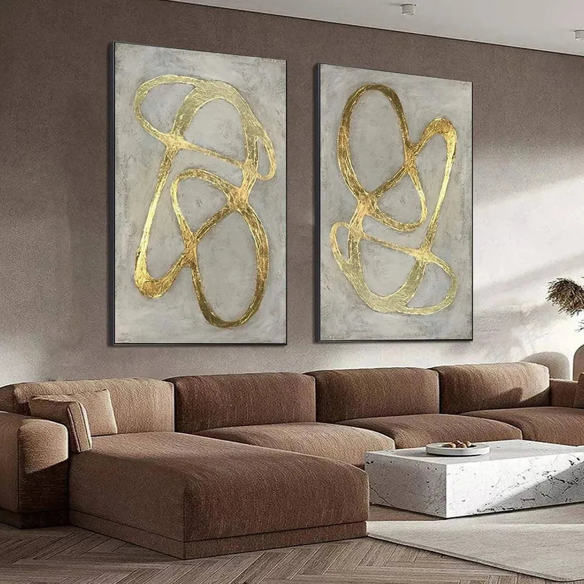 Gold Wabi-Sabi Abstract Textured Oil Painting – Golden Abstract Diptych