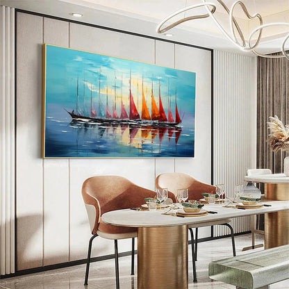 Sailing Into Sunset hand-painted ocean blue, ivory and soft neutral tones textured sailboat seascape painting shown with silver frame