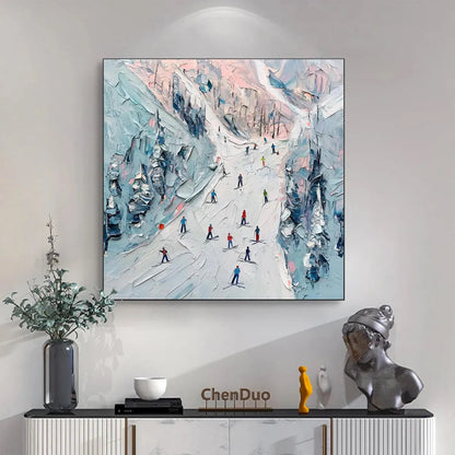 Slope Life hand-painted white, soft grey and slate blue textured skiing mountain painting shown with silver frame