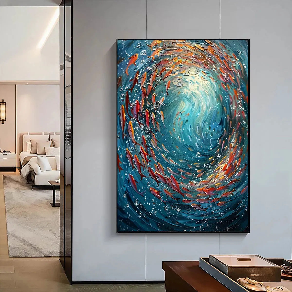 Coral Dance hand-painted coral and ivory textured school of fish painting shown as stretched canvas