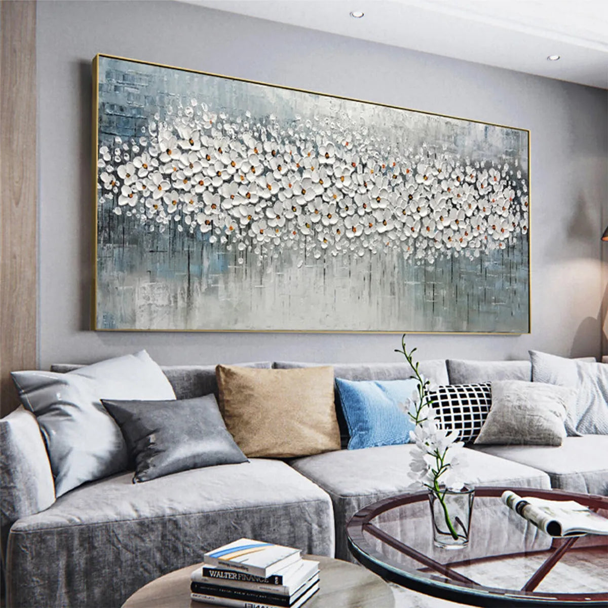 Blue and Grey Floral Impasto Oil Painting – Winter Blossom