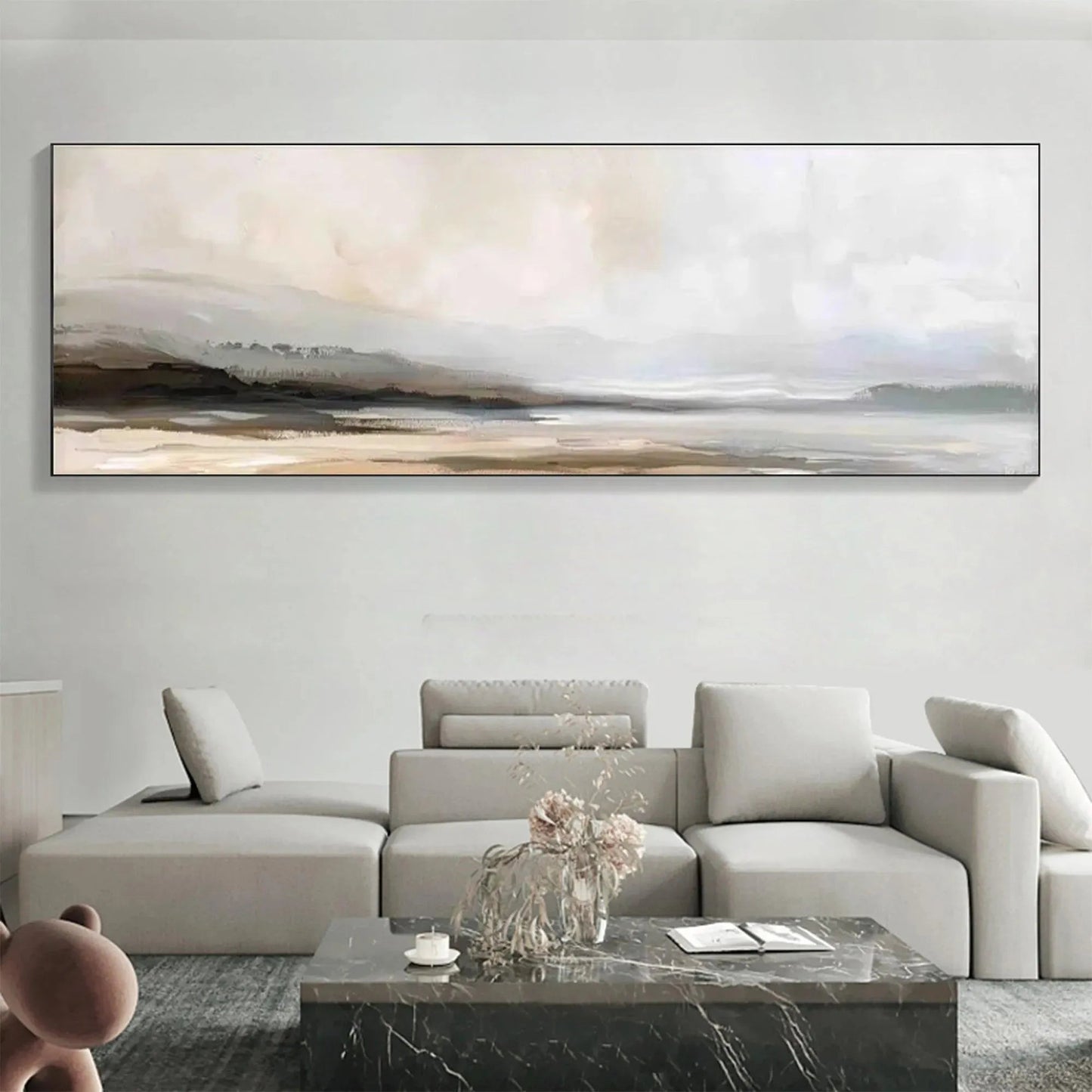 Misty Mountain Lake hand-painted ocean blue, ivory and soft neutral tones textured coastal landscape painting shown as stretched canvas