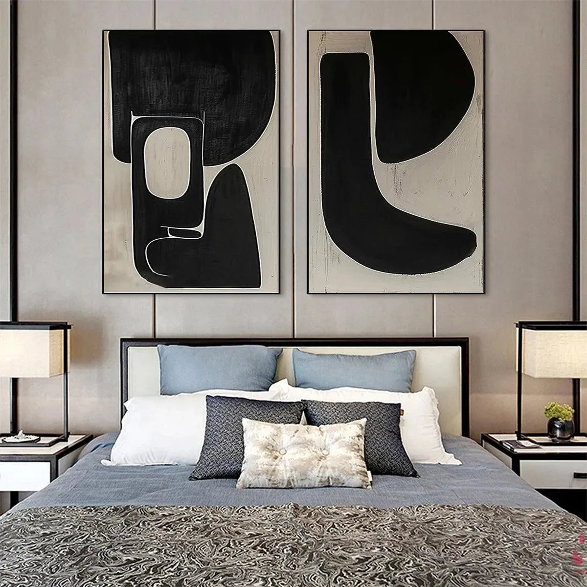 Black and Beige Wabi-Sabi Geometric Textured Oil Painting – Black & Beige Abstract Diptych II