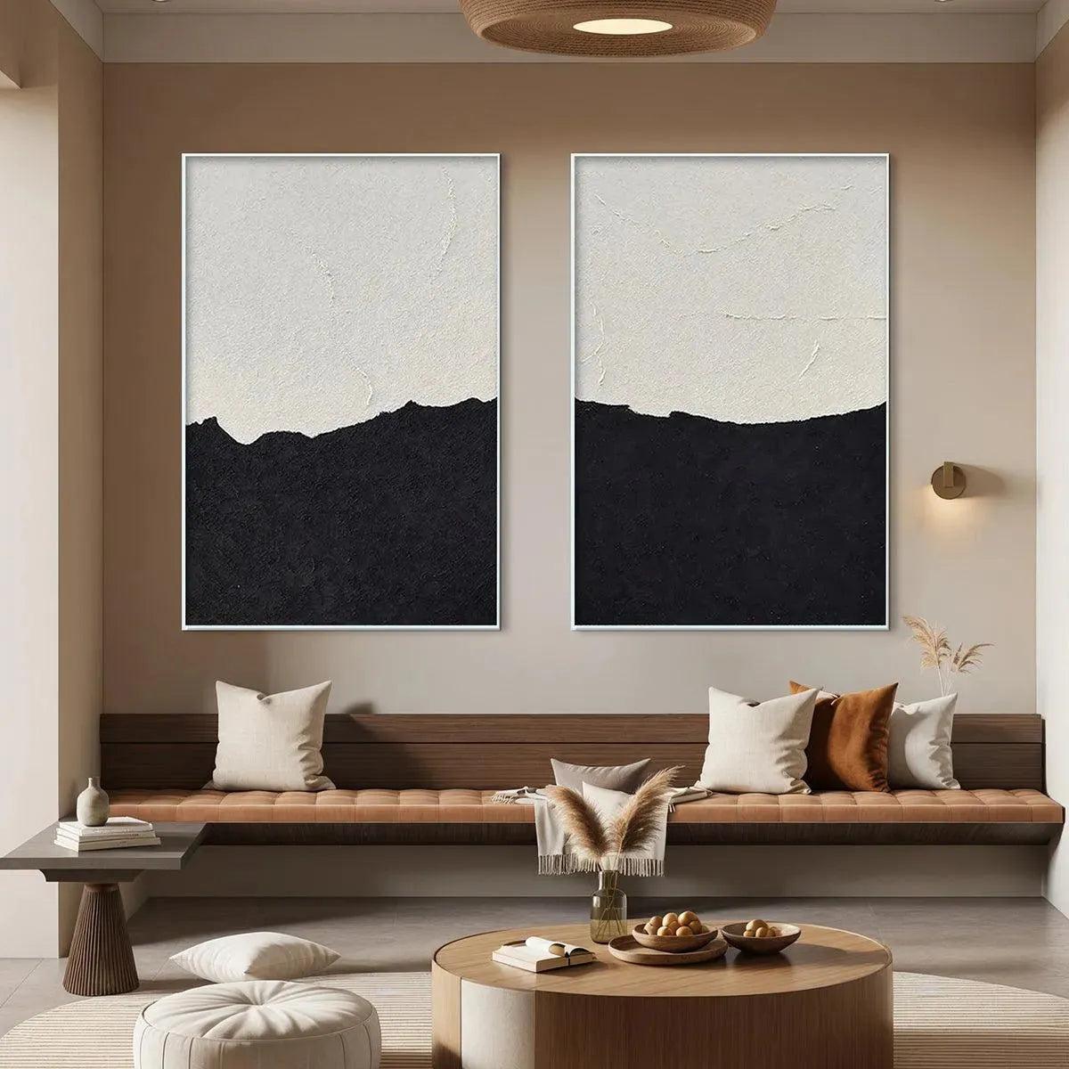 Black and White Wabi-Sabi Landscape Textured Oil Painting – Black & White Abstract Landscape Diptych