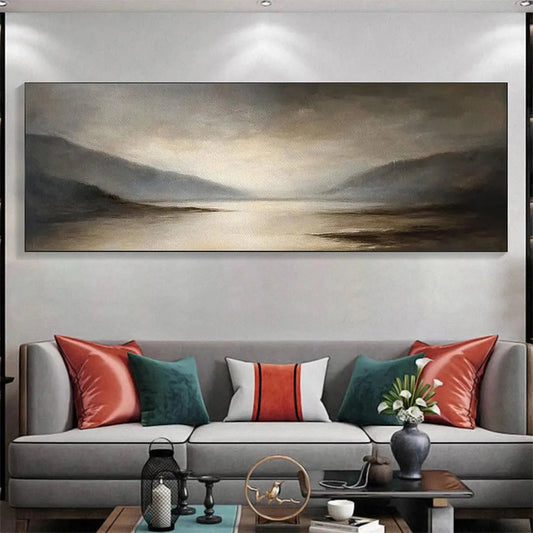 Misty Morning Serenity hand-painted ocean blue, ivory and soft neutral tones textured coastal landscape painting shown as stretched canvas