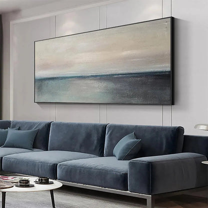 Serene Horizon hand-painted ocean blue, ivory and soft neutral tones textured coastal abstract painting shown with black frame