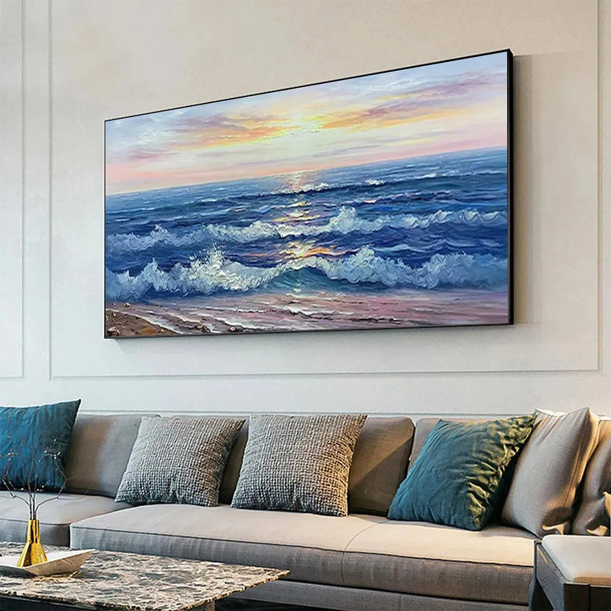 Golden Sunset Serenade hand-painted gold and ivory textured sunset seascape painting shown with white frame