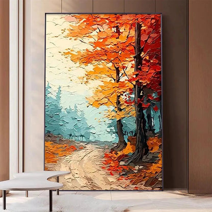 Autumn Path hand-painted ocean blue, orange and red textured forest path painting shown with gold frame