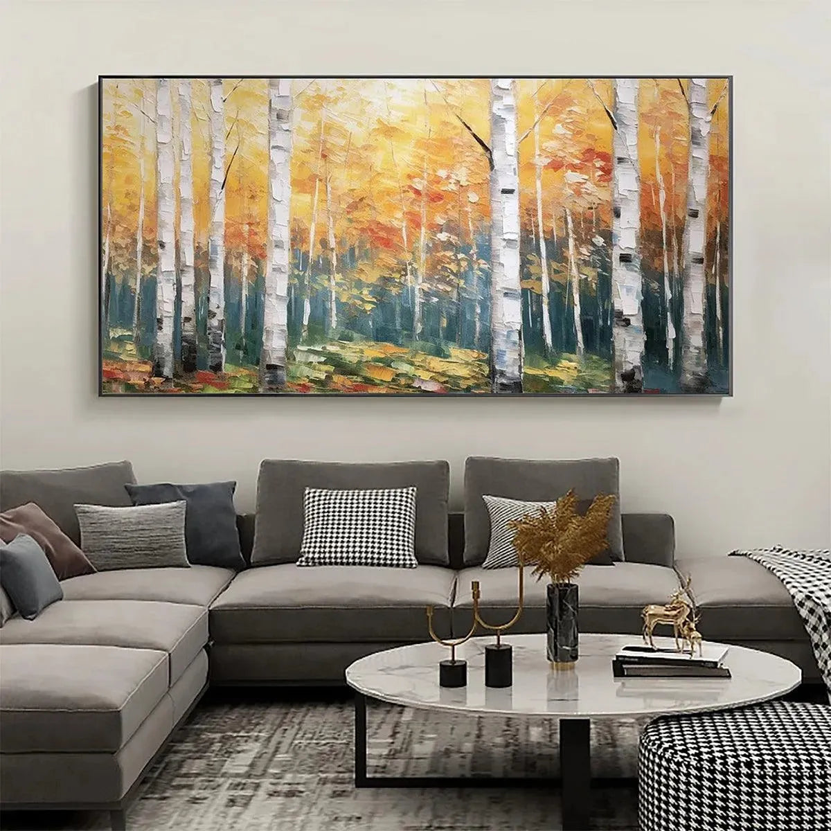 Golden Birch Grove hand-painted white, gold and yellow textured forest landscape painting shown as stretched canvas