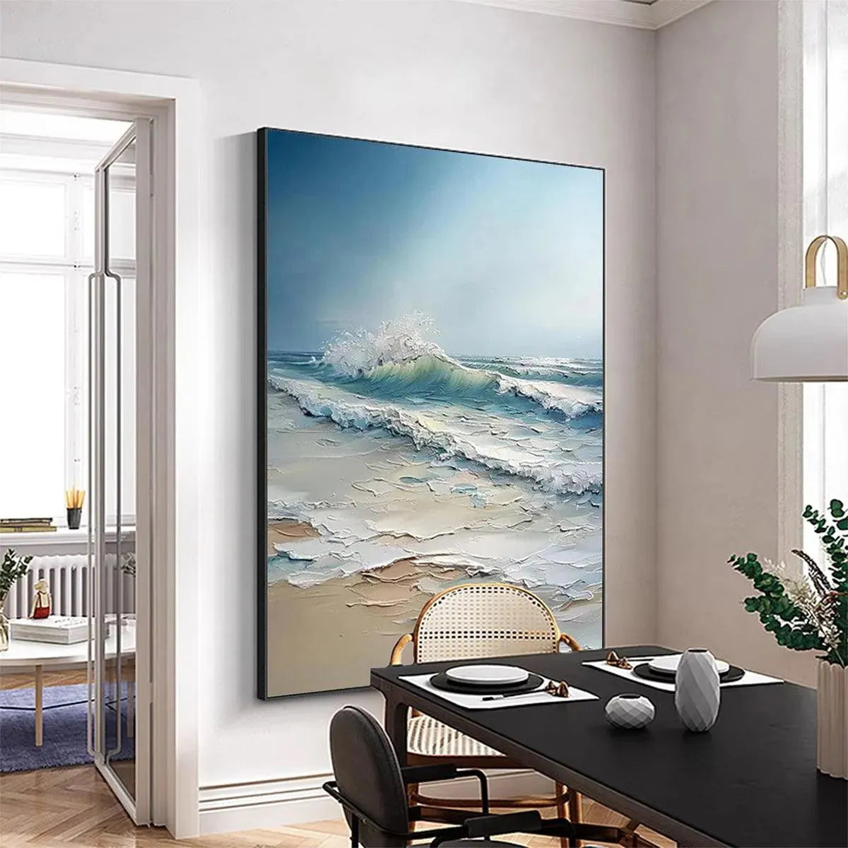 Ocean's Embrace hand-painted ocean blue, ivory and soft neutral tones textured ocean wave painting shown with wood frame