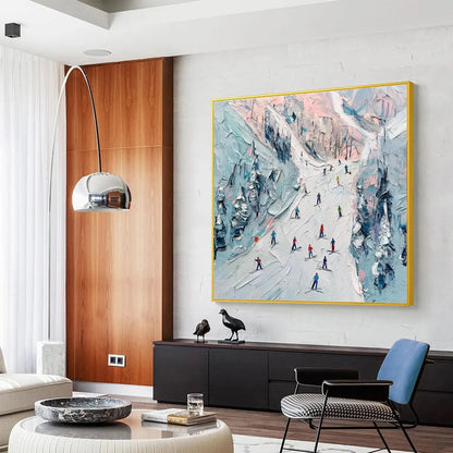 Slope Life hand-painted white, soft grey and slate blue textured skiing mountain painting shown with white frame
