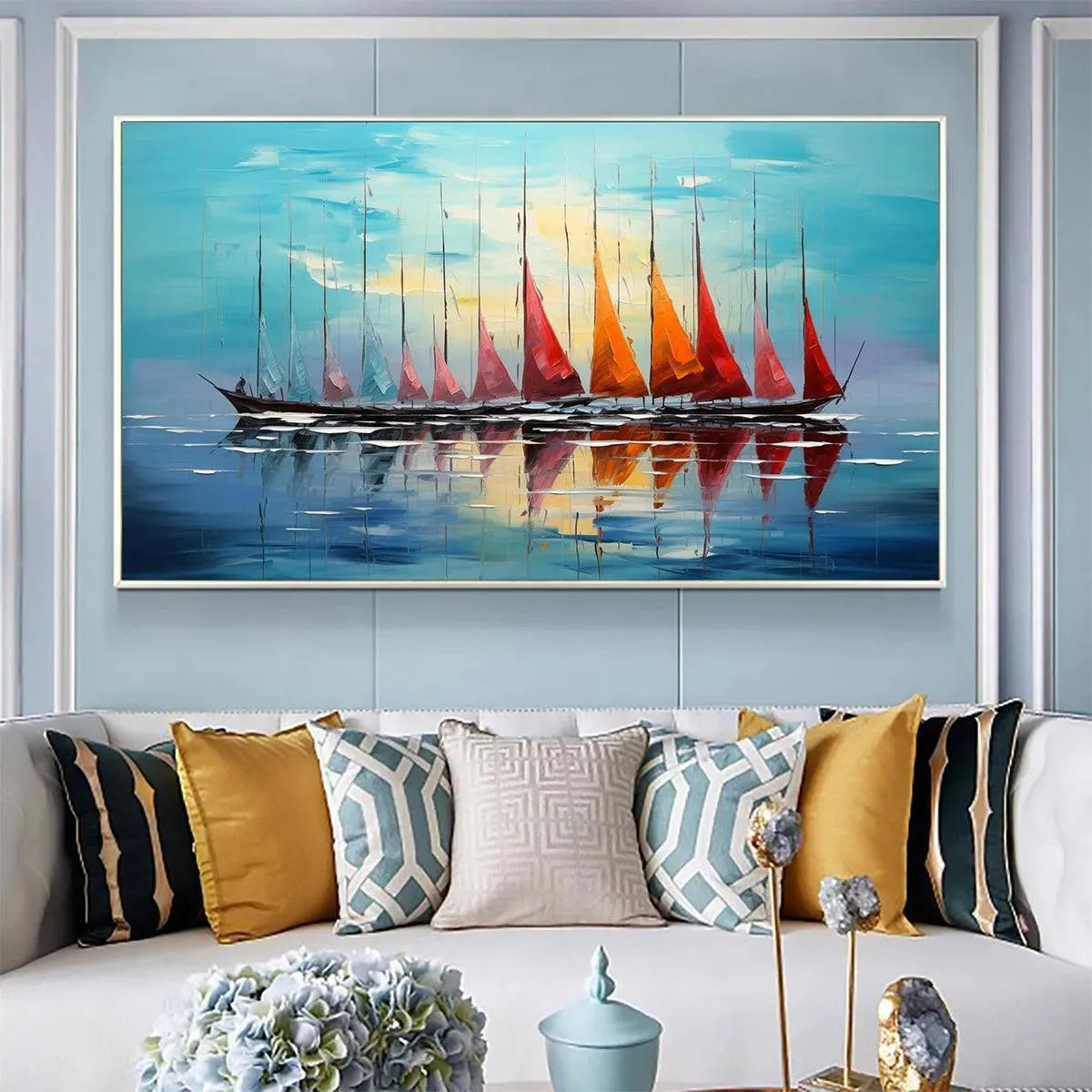 Sailing Into Sunset hand-painted ocean blue, ivory and soft neutral tones textured sailboat seascape painting shown with white frame