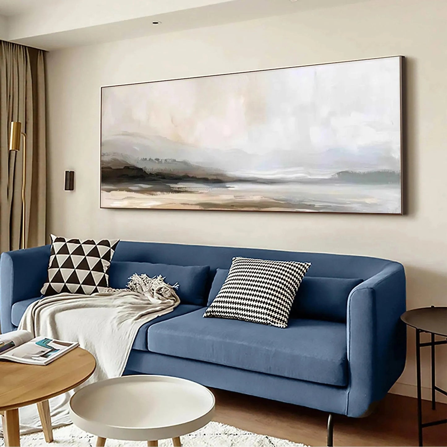 Misty Mountain Lake hand-painted ocean blue, ivory and soft neutral tones textured coastal landscape painting shown with wood frame