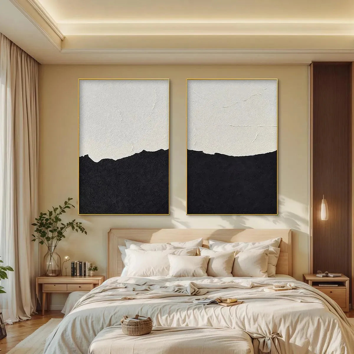 Black and White Wabi-Sabi Landscape Textured Oil Painting – Black & White Abstract Landscape Diptych