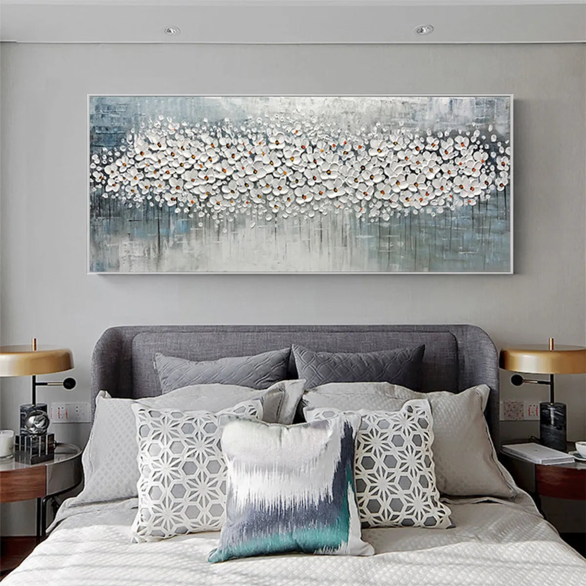 Blue and Grey Floral Impasto Oil Painting – Winter Blossom
