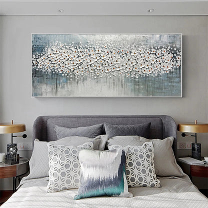 Blue and Grey Floral Impasto Oil Painting – Winter Blossom