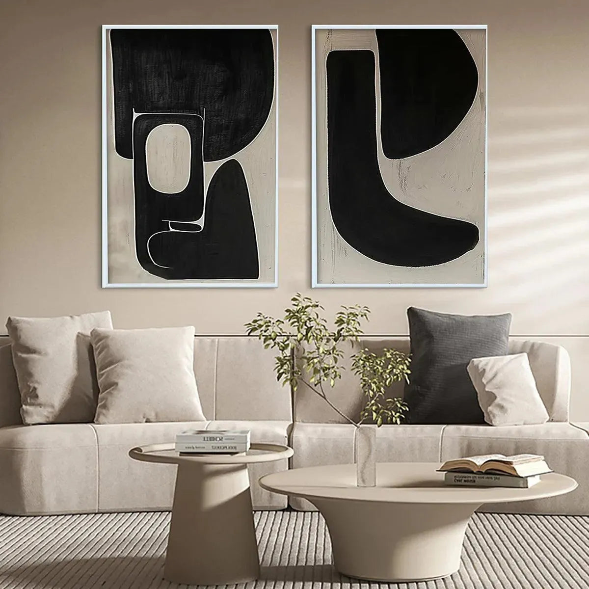 Black & Beige Abstract Diptych Ii – Wabi-Sabi Geometric Oil Painting, view 2