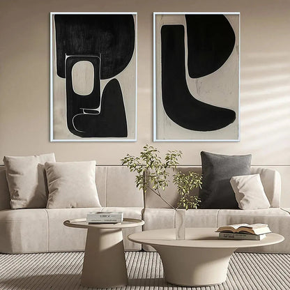 Black & Beige Abstract Diptych Ii – Wabi-Sabi Geometric Oil Painting, view 2
