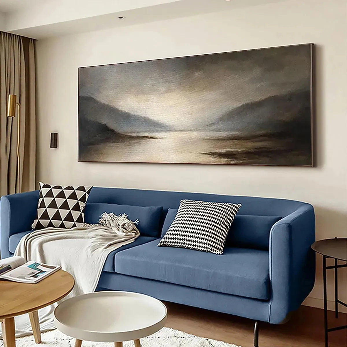 Misty Morning Serenity hand-painted ocean blue, ivory and soft neutral tones textured coastal landscape painting shown with silver frame