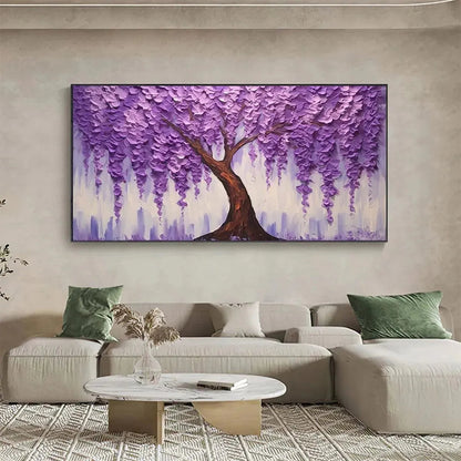 Purple Wisteria hand-painted violet and ivory textured blossom tree painting shown with white frame