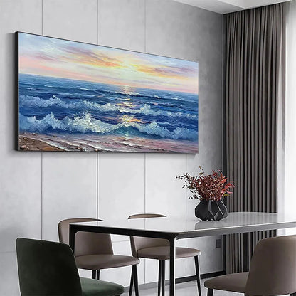 Golden Sunset Serenade hand-painted gold and ivory textured sunset seascape painting shown with wood frame