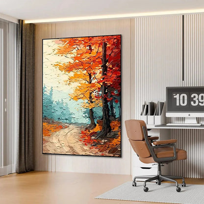 Autumn Path hand-painted ocean blue, orange and red textured forest path painting shown with white frame
