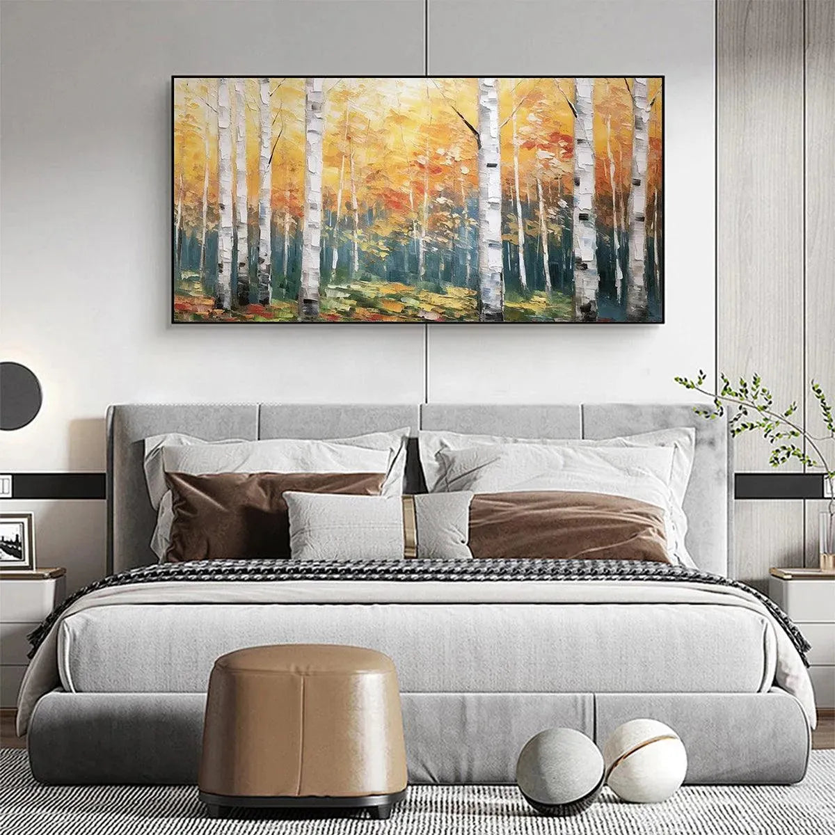 Golden Birch Grove hand-painted white, gold and yellow textured forest landscape painting shown with white frame