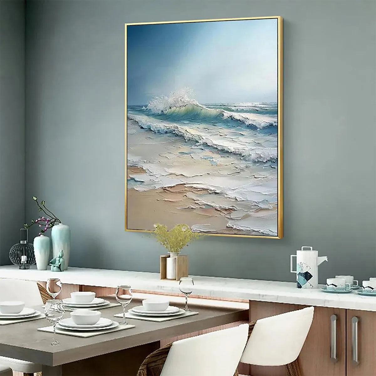 Ocean's Embrace hand-painted ocean blue, ivory and soft neutral tones textured ocean wave painting rolled canvas option
