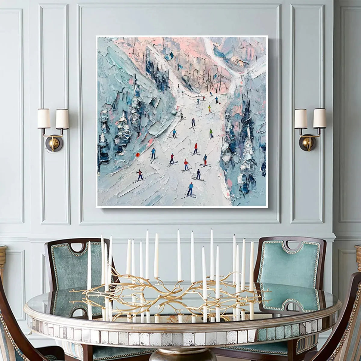 Slope Life hand-painted white, soft grey and slate blue textured skiing mountain painting shown with black frame